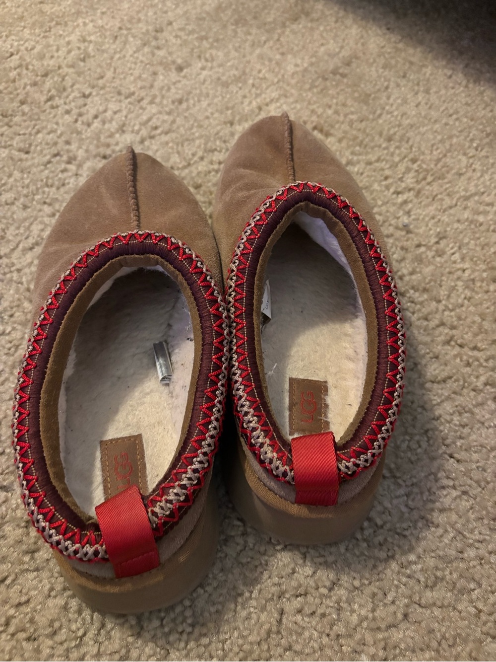 UGG Tan Suede Slip-On Flats with Red Trim